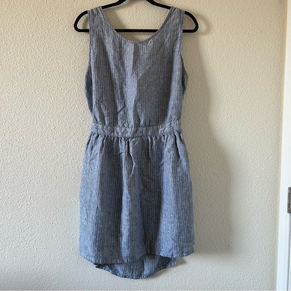 MNG Women’s 100% Linen Dress Sz 8 Striped Tie Back Pockets Vacation Beach